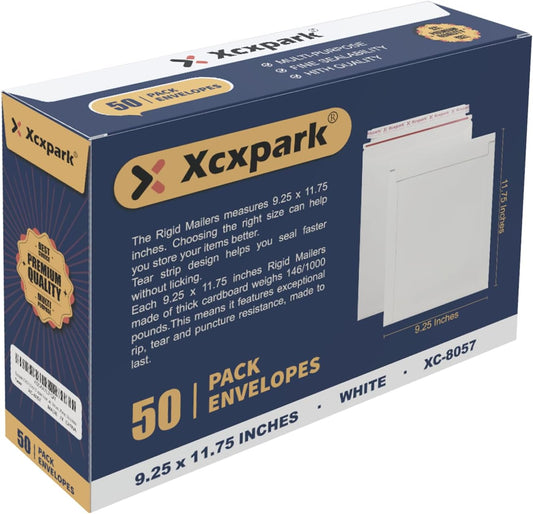 50 Pack Rigid Mailers 9.25 x 11.75 inches, Self Seal Photo Document Mailers Premium Cardboard Keep Flat Envelopes for Photos, Pictures, Papers, Files, CD