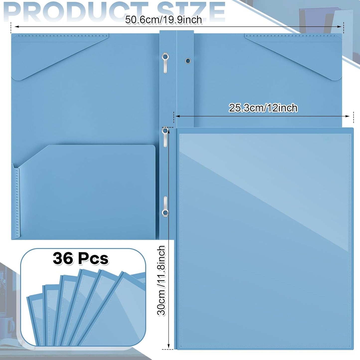 Henoyso 36 Pcs Plastic Folder with Clear Front Pocket and 3 Prong Plastic Folders with Card Slot Pocket Folders with Prongs for School Office (Haze Blue)