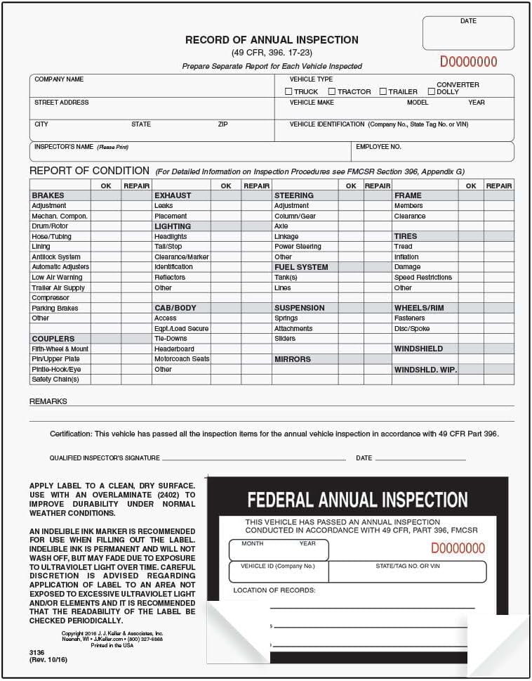 J. J. Keller 50-Pack, Record of Annual Inspection Form with Inspection Decal, 2-Ply Carbonless Form, DOT Compliant