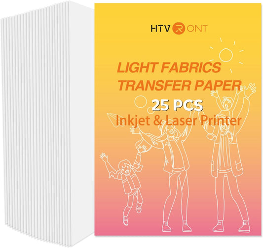 HTVRONT Heat Transfer Paper for Light T Shirts -25 Sheets 8.5x11" Iron on Transfer Paper for Inkjet & Laser Printer, Stretchable & Durable Printable Heat Transfer Vinyl, Easy to Use