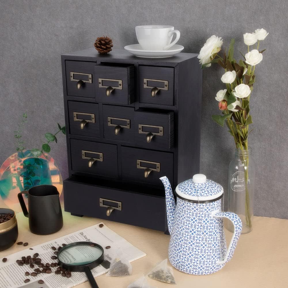 Apothecary Cabinet with 9 Drawers & Labels Rustic Library Card Catalog Cabinet Desktop Wooden Storage Box for Organize Herbal、Tea Bag、Jewelry (Black)