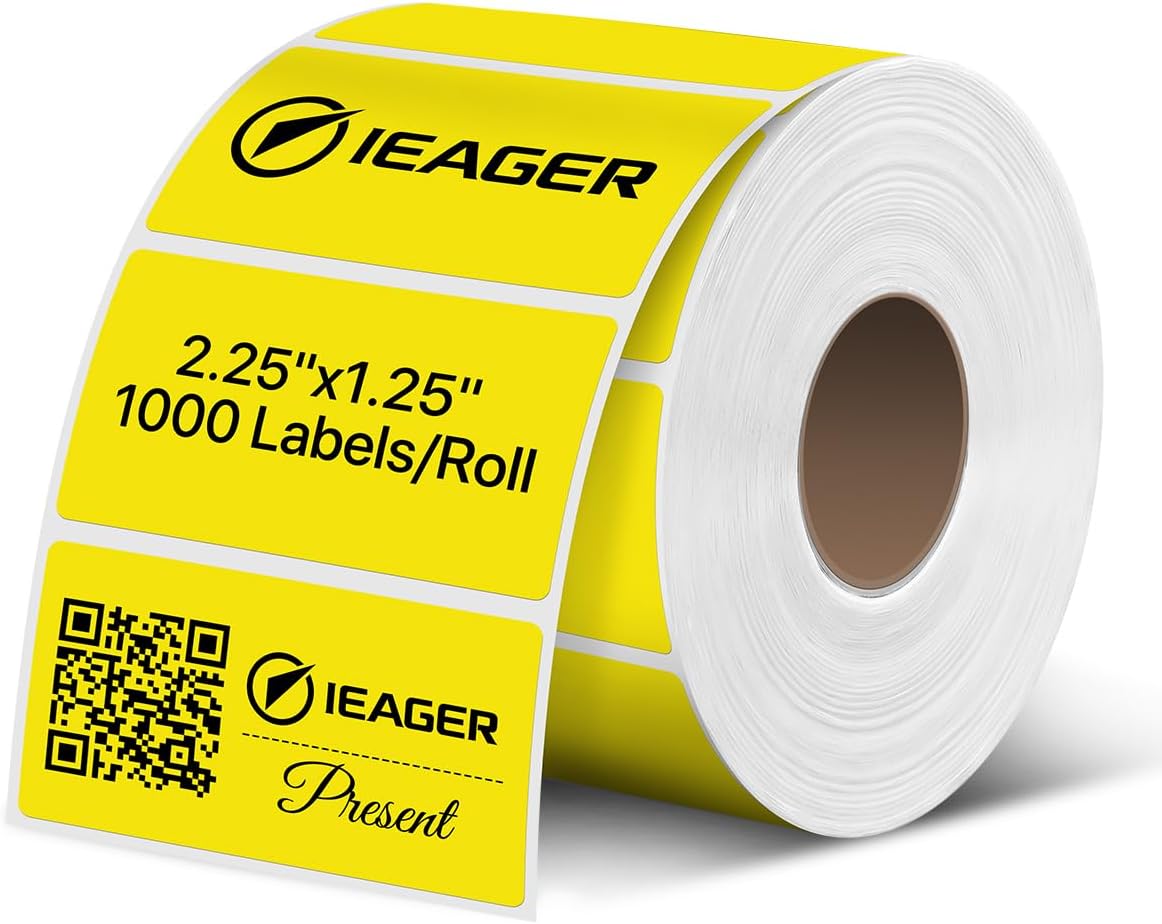 iEager 2.25x1.25 Inch Thermal Labels, Yellow Durable Thermal Printer Stickers, Self-Adhesive Rectangle Shipping Label Printer Sticker for Barcode, Name, Address, 1000 Labels/Roll