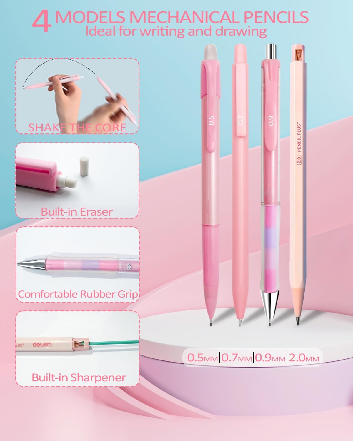 42PCS Mechanical Pencil Set with Cute Pencil Case，12X Pastel Mechanical Pencil 0.5mm, 0.7mm, 0.9mm & 2.0mm with 564X HB Leads Student Stationary Set for Writing Drawing Ideal Study Essentials (Pink)
