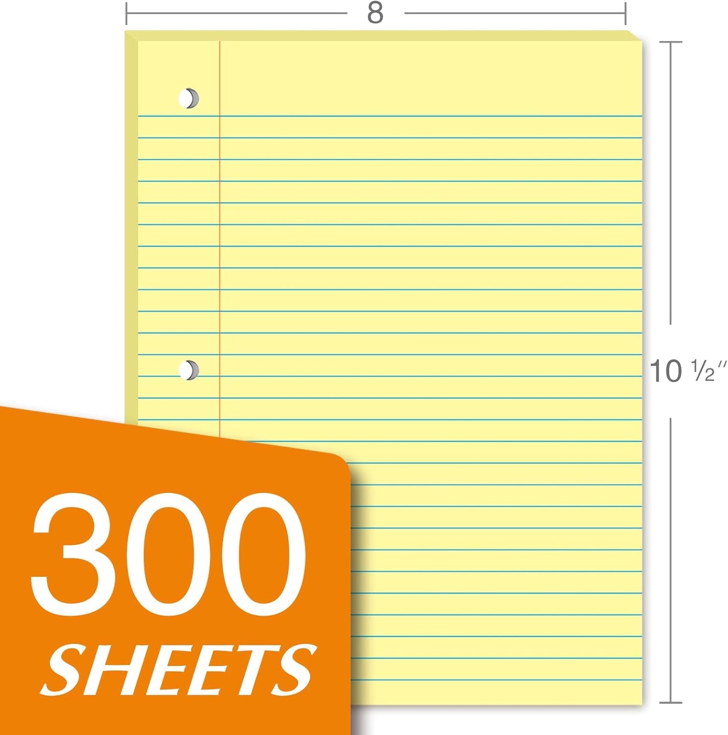 KAISA Loose Leaf Notebook Paper, Wide Ruled, 300 Sheets Per Lined Paper, 8" x 10.5", 3 Hole Punched for 3 Ring Binder, Canary, Made In USA