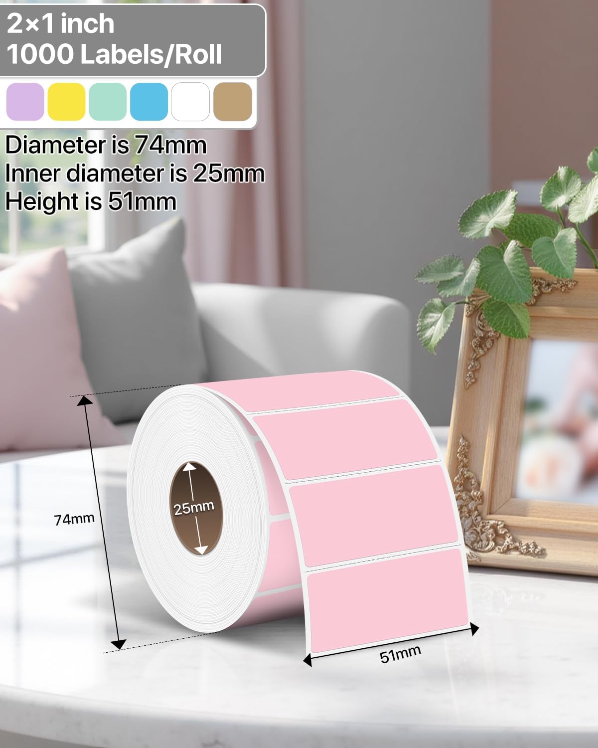 2×1 Inch Thermal Labels Sticker Self-Adhesive Label Paper Pink Direct Thermal Printer Stickers with Perforation Line 1000 Sheets/Roll