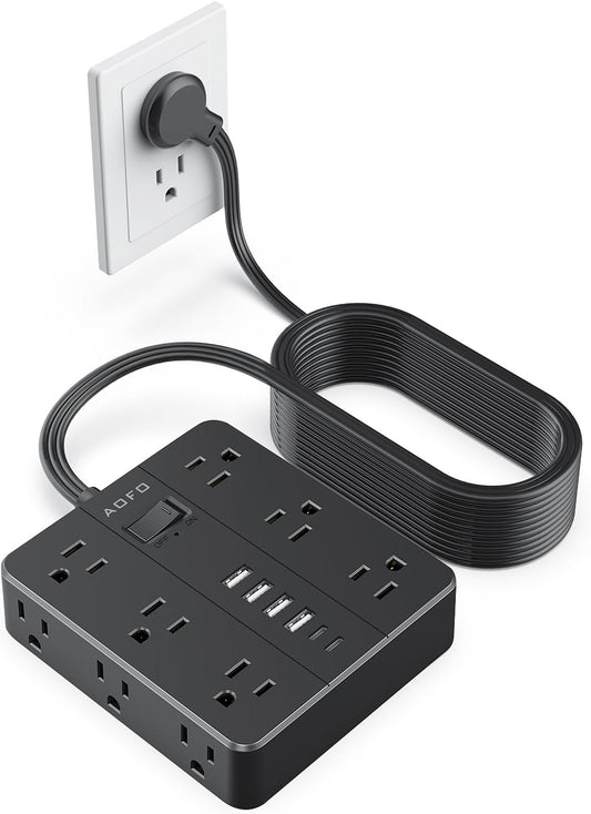 20FT Surge Protector Power Strip,12 AC Outlets with 6 USB Ports (2 USB-C), Flat Plug Extension Cord with Multiple Outlets, Wall Mount for Home Office,Dorm,Black
