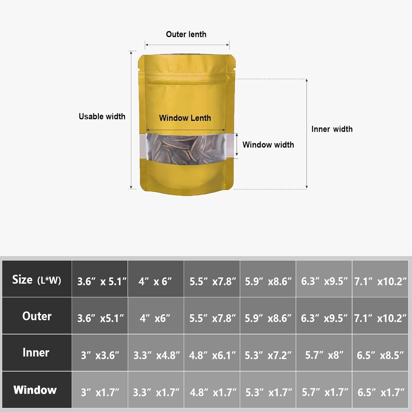5.5"x7.8" 120pcs Mylar Bags for Food Storage,Smell Proof Bag with Matte Window Resealable Food Storage Bags for Small Business, Stand-up Foil Pouch Packaging Freeze Dried Candy Bag(Gold)