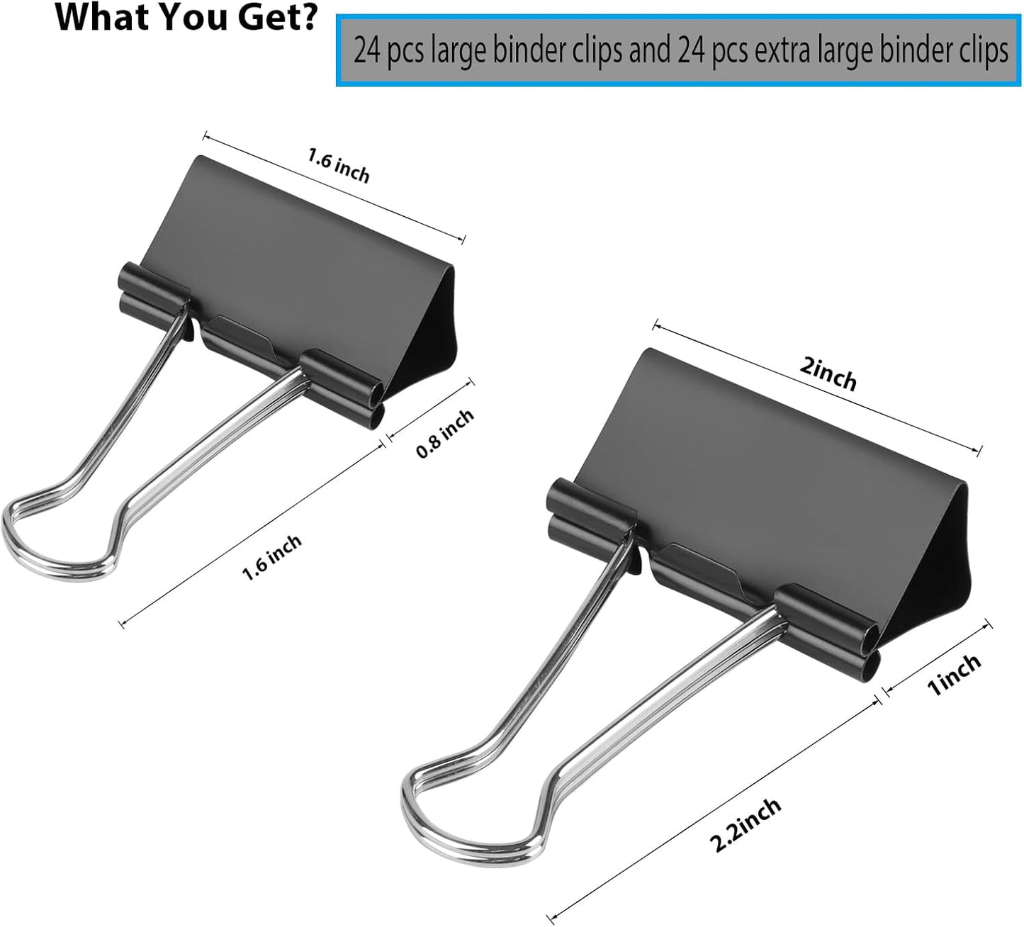 48 Pcs Large and Extra Large Binder Clips, 2 Inch Length (24 Pcs) and 1.6 Inch Length (24 Pcs)