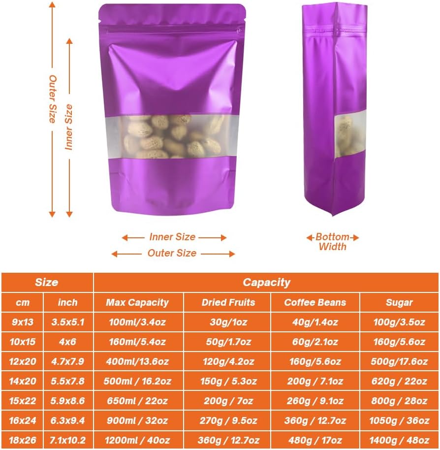 4CP 100 Pcs Purple Zipper Smell Proof Bags with Window, 7.0x10.5 Inch Stand Up Foil Pouches for Food Selfsealing Storage, Reusable Bag for Packaging Small Business, Cookies, Nunt, Candy