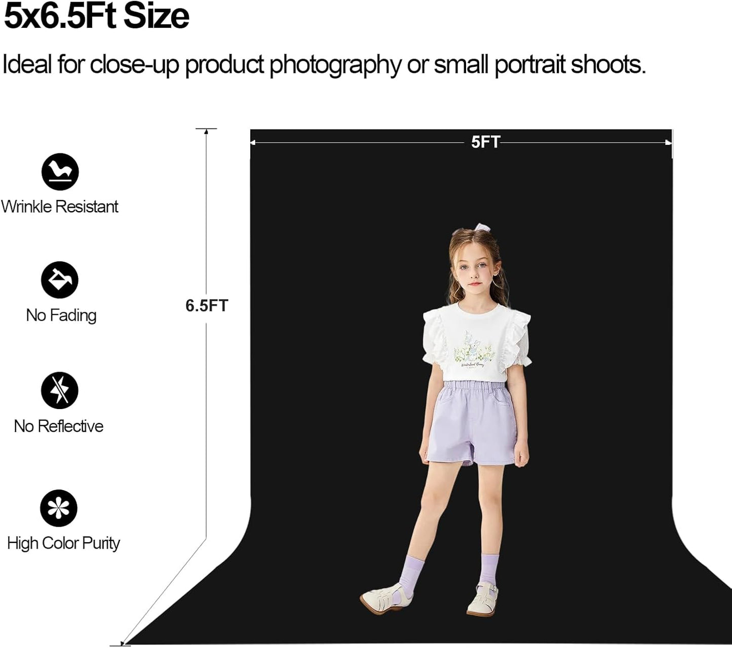 BEIYANG 5 x 6.5 Ft Black Backdrop for Photography, Pure Black Screen for Photography Photo Booth Backdrop Photoshoot, Background Curtain for Chromakey Video Recording Parties