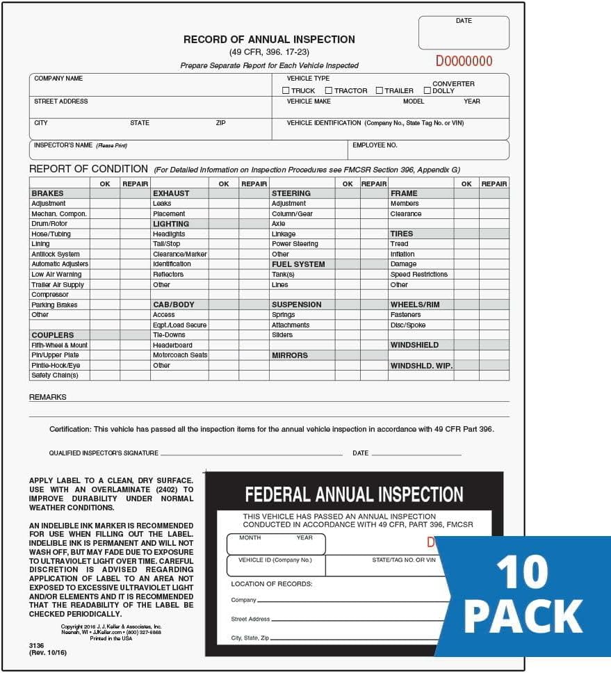 J. J. Keller 10-Pack, Record of Annual Inspection Form with Inspection Decal, 2-Ply Carbonless Form, DOT Compliant