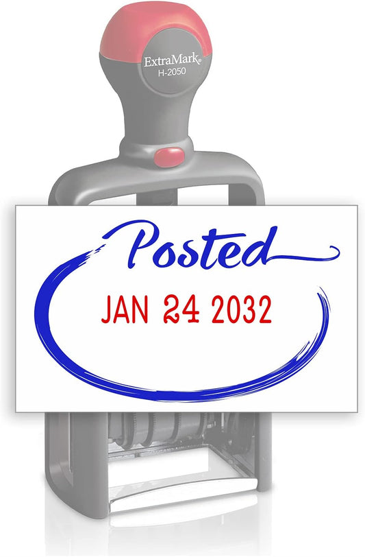 Heavy Duty Style Office Date Stamp with Posted - Self Inking Dater - Style C - Blue & Red Ink Color