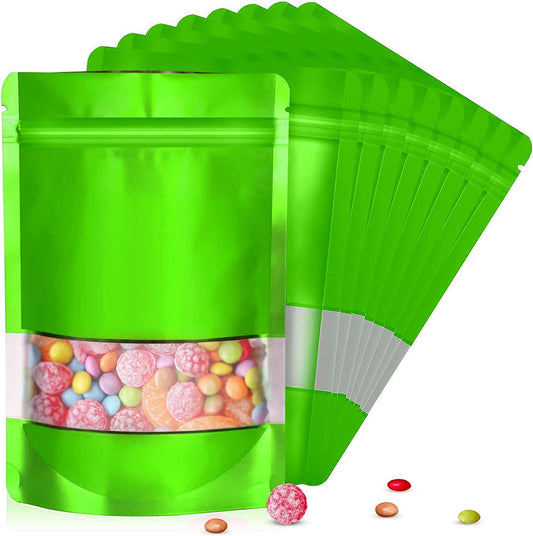 7.1"x10.2" 1 Quart 120pcs Mylar Bags for Food Storage,Smell Proof Bag with Matte Window Resealable Food Storage Bags for Small Business, Stand-up Foil Pouch Packaging Freeze Dried Candy Bag（Green）