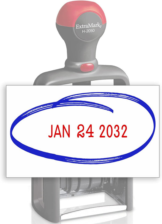 Heavy Duty Office Date Stamp - Brush Stroke Design - Self Inking Dater - Blue/Red Ink Color