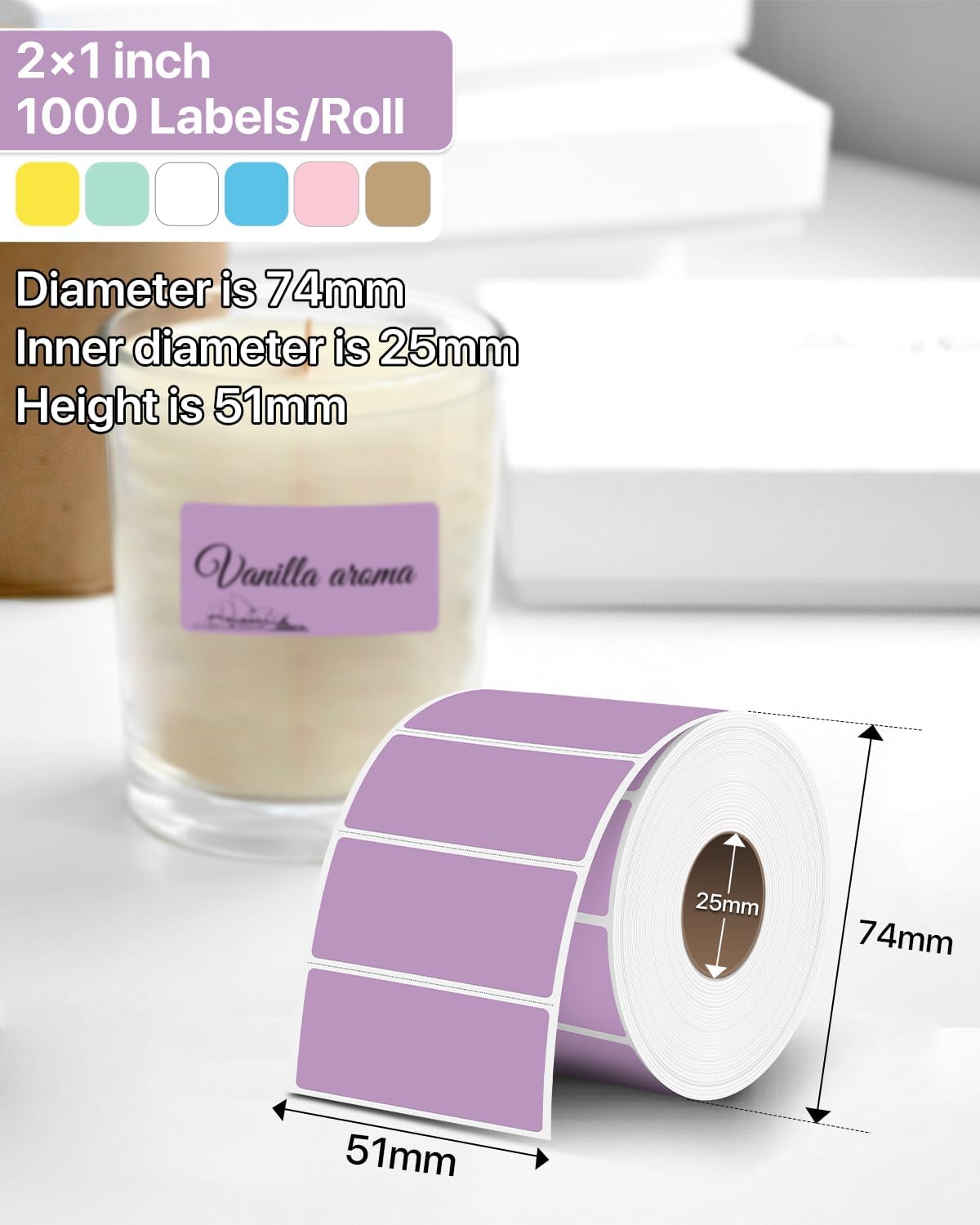 2×1 Inch Thermal Labels Sticker Self-Adhesive Label Paper Purple Direct Thermal Printer Stickers with Perforation Line 1000 Sheets/Roll