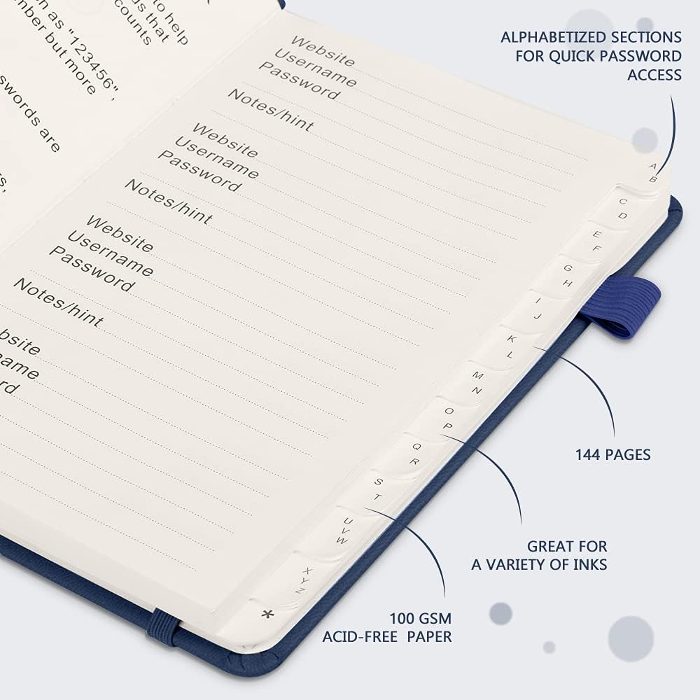 JUBTIC Password Keeper Book with Alphabetical Tabs. Medium Size Password Book for Seniors, Internet Website Address Log in Detail. Hardcover Password Notebook for Home Office, Navy Blue