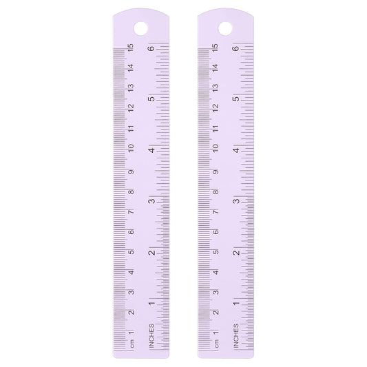 HARFINGTON 2pcs Metal Straight Ruler 15cm Metric SAE Aluminum Alloy Measuring Rulers Scale Tool with Hole for Measure Study Reading Classroom Office, Purple