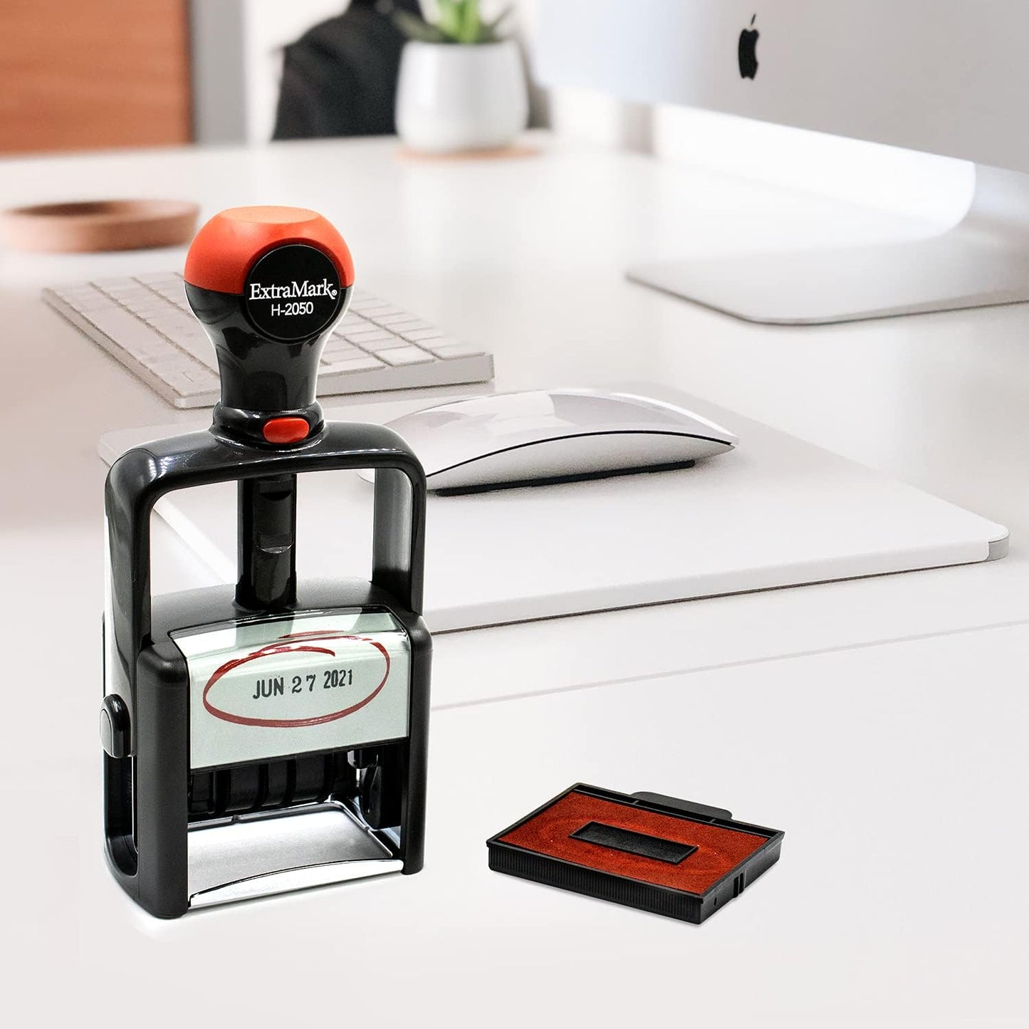 Heavy Duty Office Date Stamp - Brush Stroke Design - Self Inking Dater - Blue/Red Ink Color