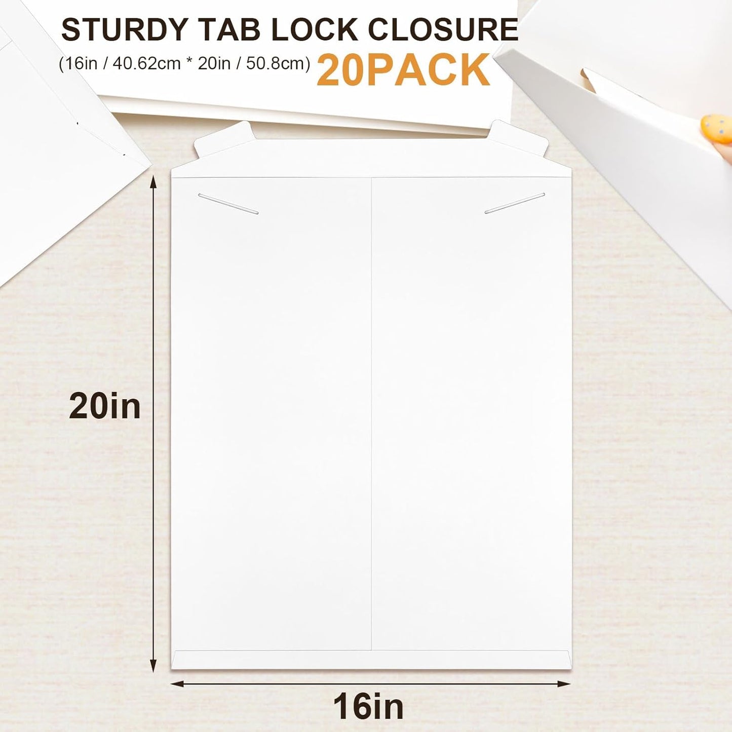 20 Pack 16x20 in Tab Lock Rigid Mailers Extra Large Sturdy Keep Flat Mailers Cardboard Envelopes Kraft Paper 250 Gsm for Shipping Photos, Packing Documents, Gift Cards, Cds, Art Prints, White
