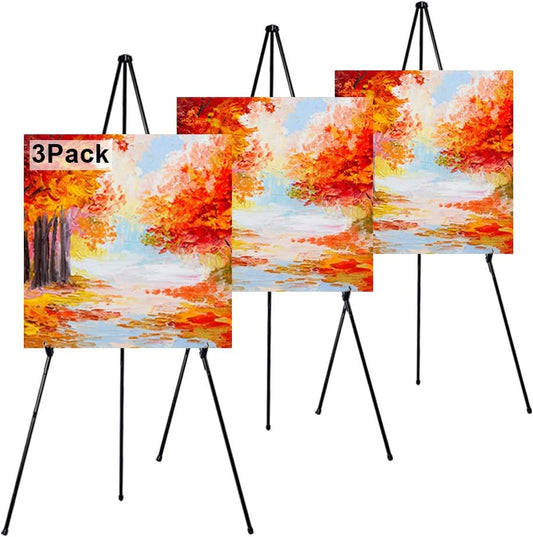 63" Folding Easel Stand for Display,Adjustable Floor Poster Easel for Arts,Pictures,Paintings,Telescoping Black Metal Easel Fit for Signs at Exhibition,Lobby,Holds 5lbs,3Pack