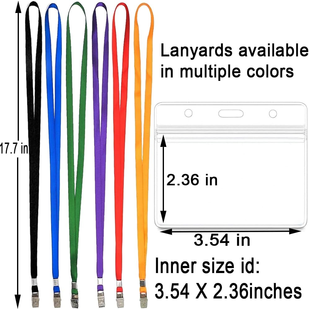 50pcs Clear Badge Holder with Lanyard Waterproof Type Clear ID Badge Holder with Lanyards for Name Tags ID Card (Black, Horizontal)