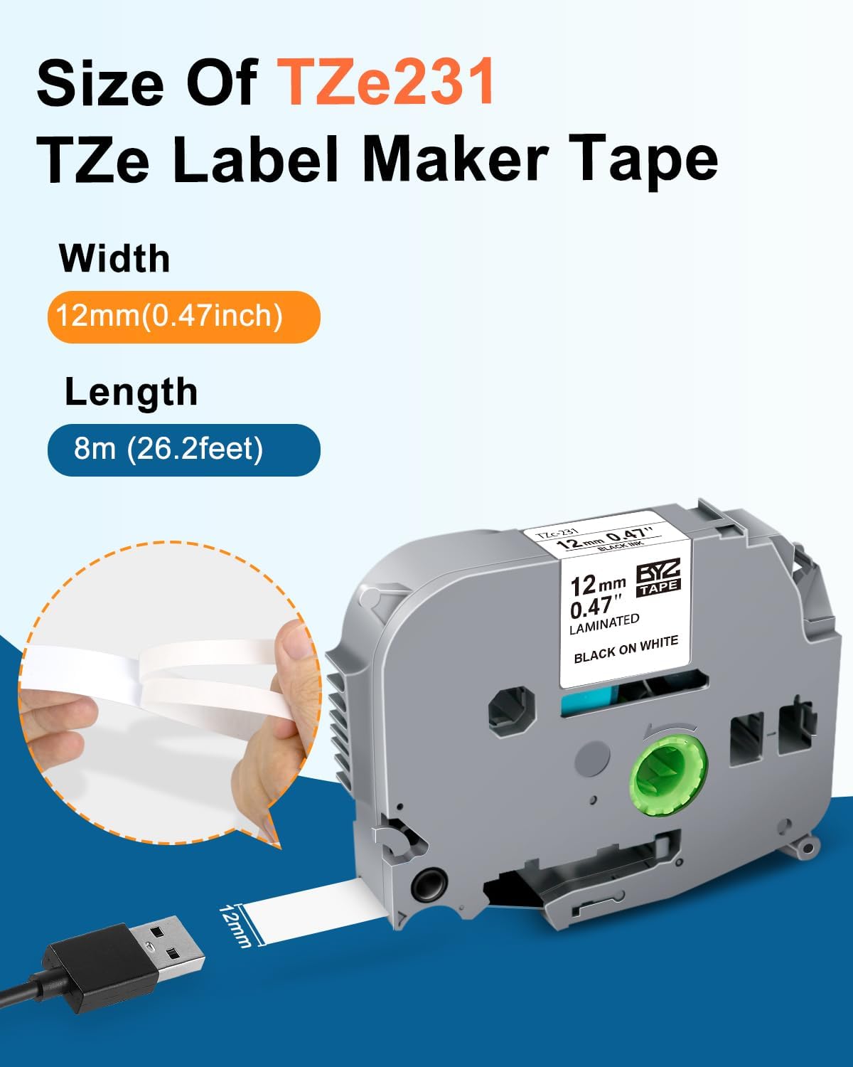 3PK 12mm 0.47 Laminated White Tape TZE-231 Replacement for Brother P Touch Label Tape TZe-231 12 mm .47 Label Maker Refills Work for Brother Ptouch PTH110 PTH103w PTD210 PTD220 PT1280