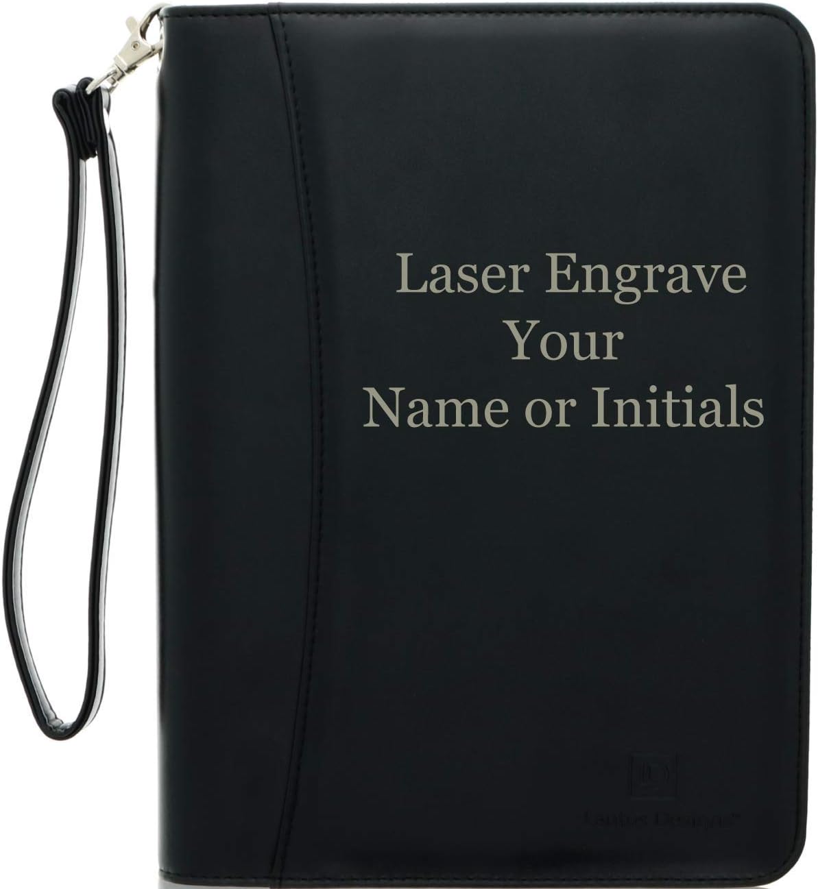 Customized Black Zippered Portfolio Binder with Junior Legal 5x8 Notepad - Engraved PU Leather Business Padfolio Organizer Folder with 8" Tablet Sleeve & Gift Box by Lautus Designs