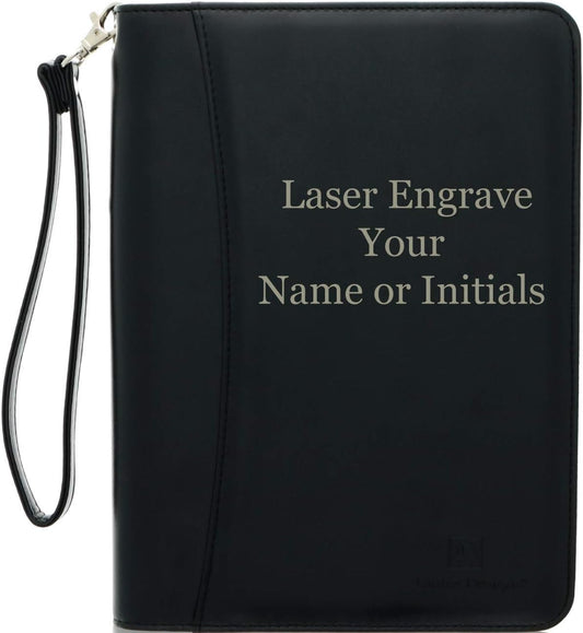 Customized Black Zippered Portfolio Binder with Junior Legal 5x8 Notepad - Engraved PU Leather Business Padfolio Organizer Folder with 8" Tablet Sleeve & Gift Box by Lautus Designs