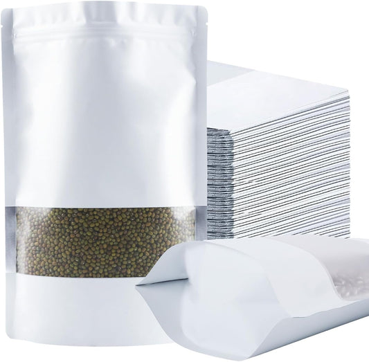 100 Pack Smell Proof Bags, Resealable White Mylar Bags with Matte Window, Foil Pouch Stand Up Sealable Bags for Packaging, 5.51 × 7.87 Inch