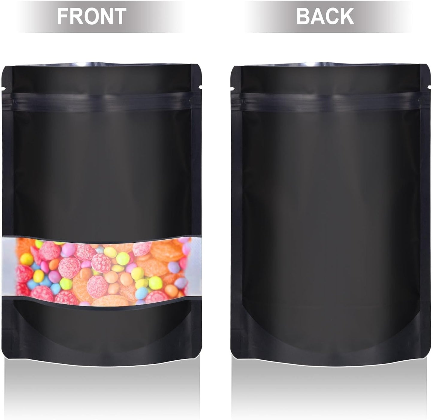 5.9"x8.6" 120pcs Mylar Bags for Food Storage,Smell Proof Bag with Matte Window Resealable Food Storage Bags for Small Business, Stand-up Foil Pouch Packaging Freeze Dried Candy Bag（Black）