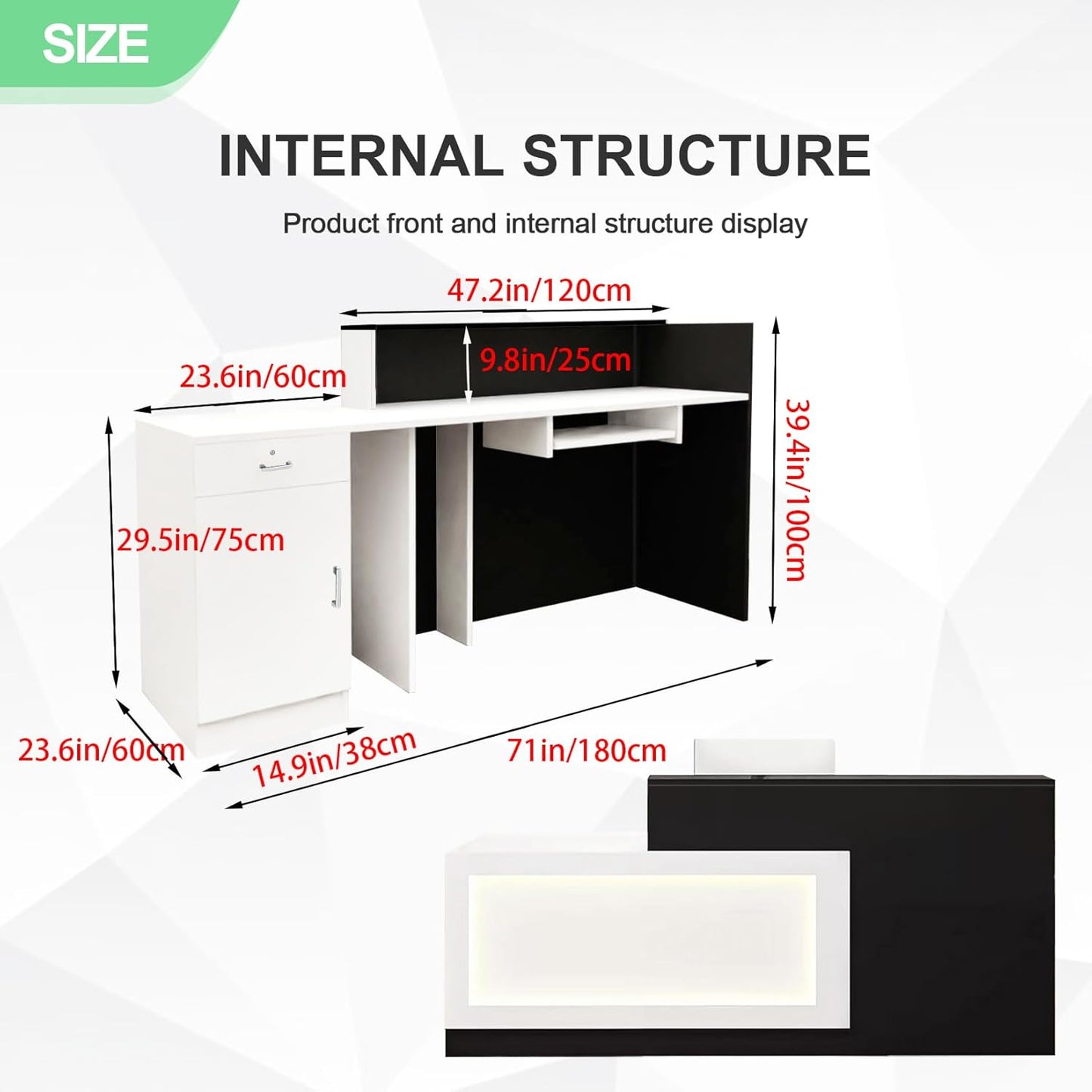 Modern Reception Desk with Counter and Drawer Office Front Desk with Cabinet Wooden Commercial Reception Table Checkout Counter for Retail Salon Lobby Black and White Right 71inch/180cm