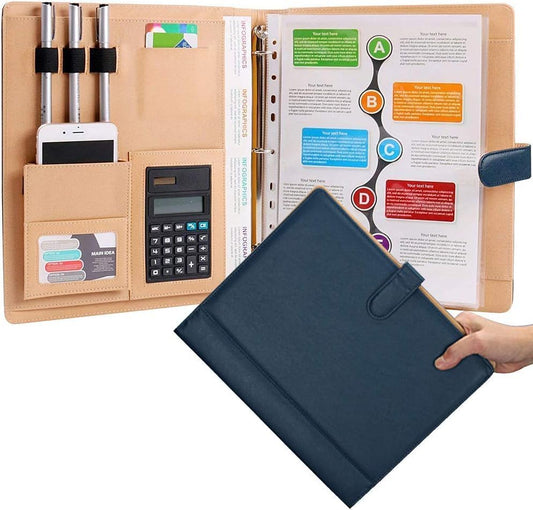 A4 Leather Padfolio with 3 Ring Portfolio Binder with Clipboard Padfolio for Women Men Professional Office Three Binders Organizer with Calculator Planner Portfolio Executive Closure Notebook Folder