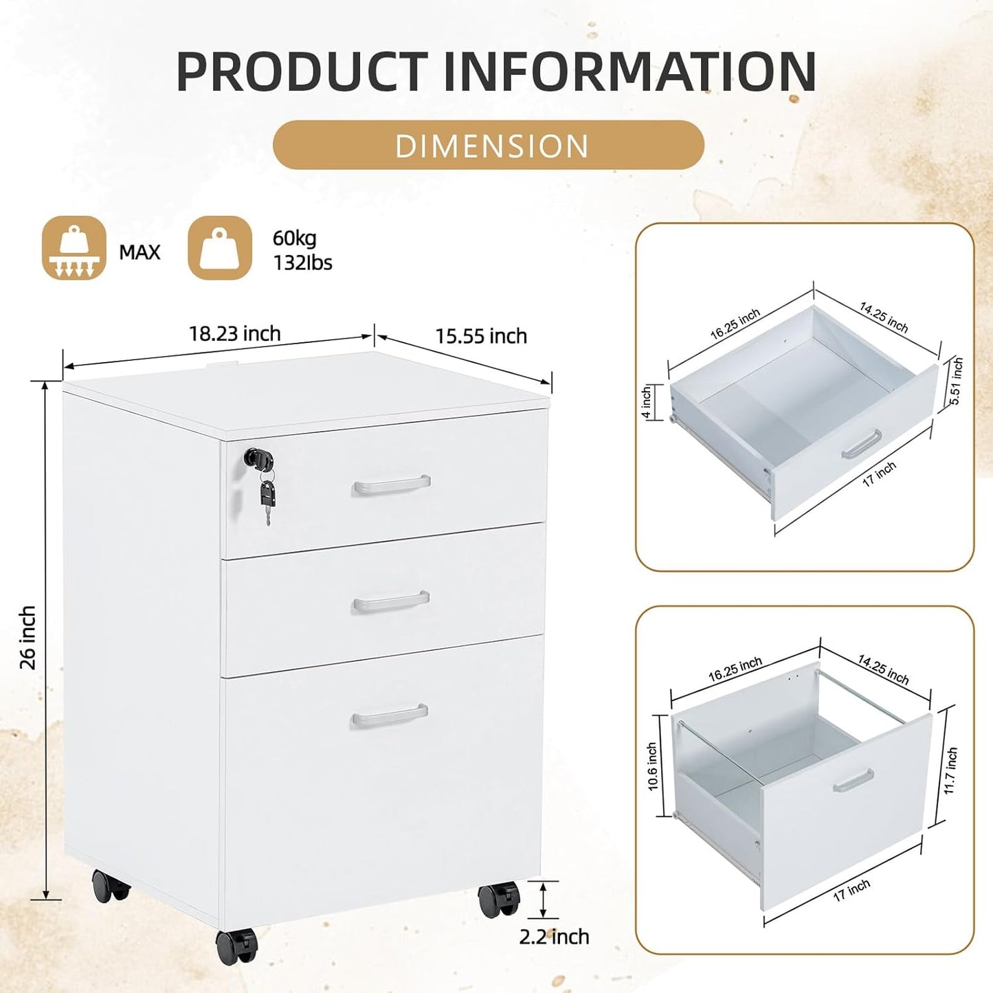 QDSSDECO 3 Drawer Mobile File Cabinet, Rolling Vertical Filing Cabinet fits A4, Legal Paper and Letter Paper for Home Office, White with Lock