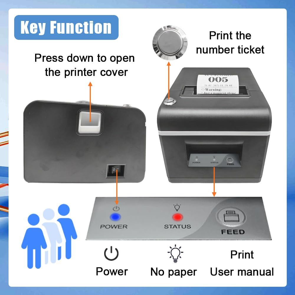Auto-Cutter Ticket Printer Take a Number Dispenser 57mm Receipt Ticket Thermal Printer Can Edit Text via PC Show 3-Digits Waiting Number for Queue