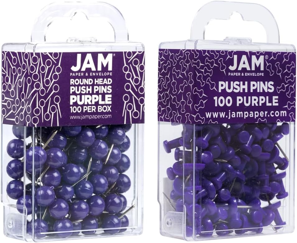 JAM PAPER Colorful Push Pins - Flat & Round Head Thumb Tack Combo Set - Purple Pushpins - 200/Pack