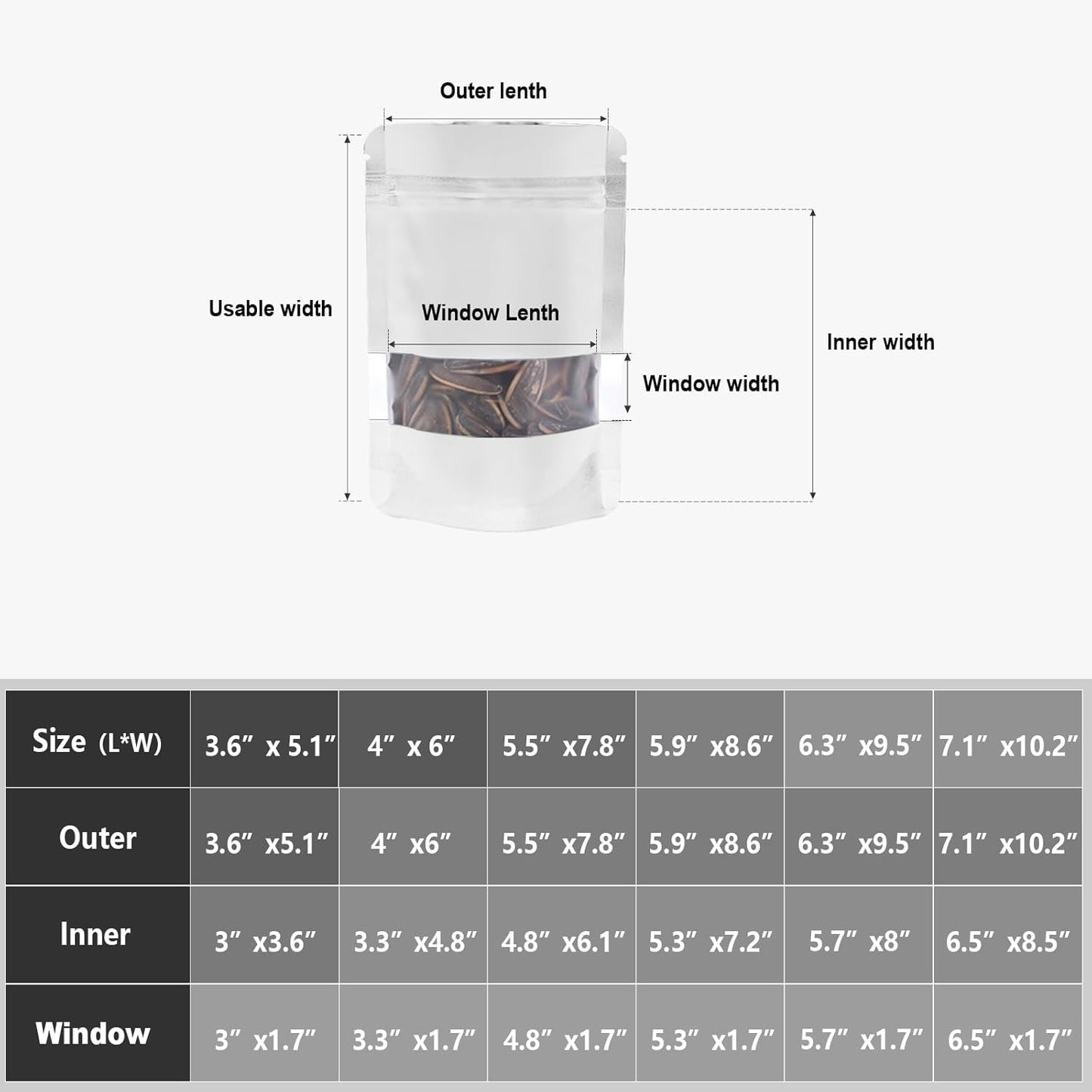 6.3"x9.5" 120pcs Mylar Bags for Food Storage,Smell Proof Bag with Matte Window Resealable Food Storage Bags for Small Business, Stand-up Foil Pouch Packaging Freeze Dried Candy Bag（White）