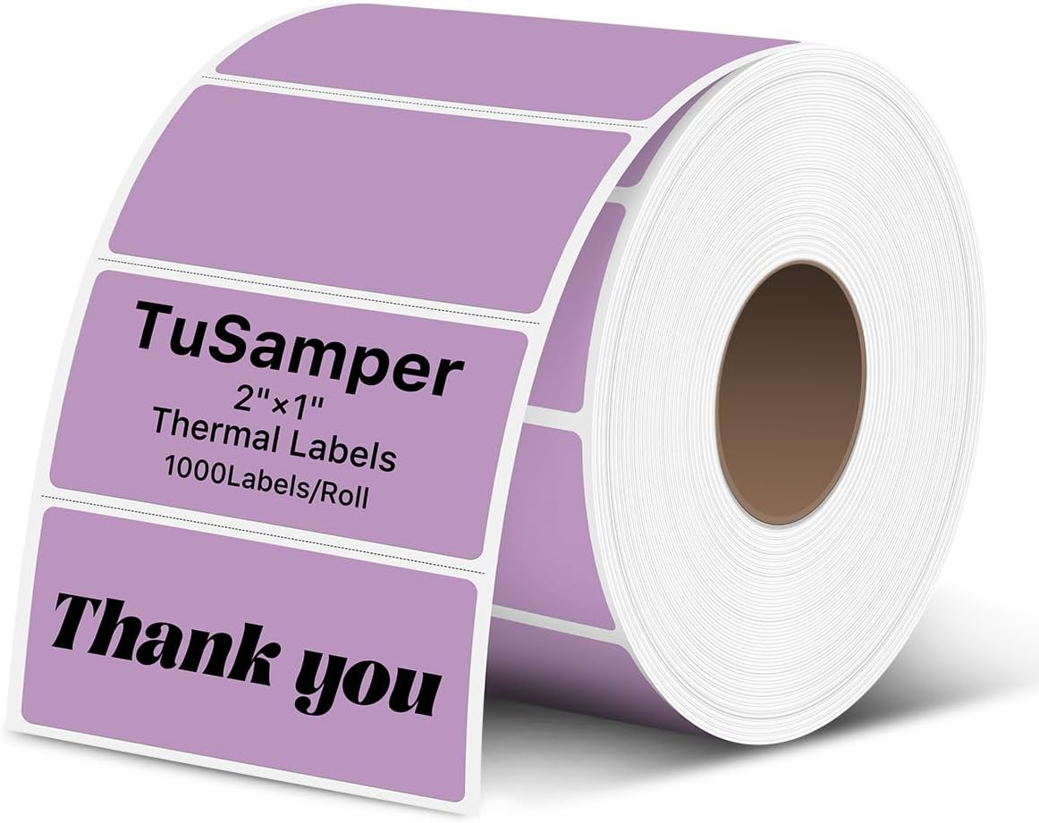 2×1 Inch Thermal Labels Sticker Self-Adhesive Label Paper Purple Direct Thermal Printer Stickers with Perforation Line 1000 Sheets/Roll