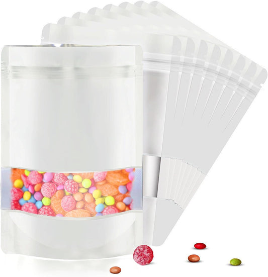 5.5"x7.8" 120pcs Mylar Bags for Food Storage,Smell Proof Bag with Matte Window Resealable Food Storage Bags for Small Business, Stand-up Foil Pouch Packaging Freeze Dried Candy Bag（White）