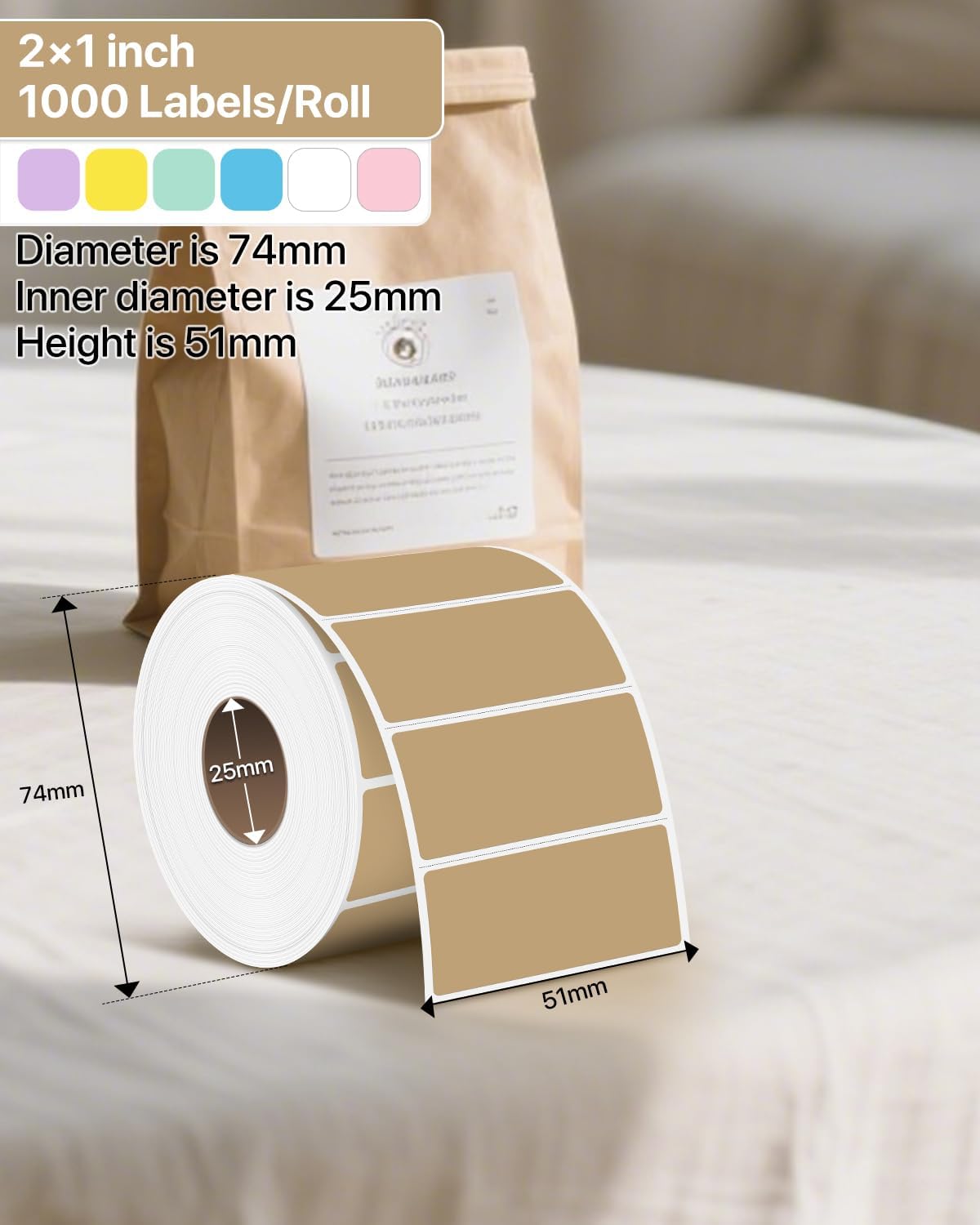 2×1 Inch Thermal Labels Sticker Self-Adhesive Label Paper Brown Direct Thermal Printer Stickers with Perforation Line 1000 Sheets/Roll