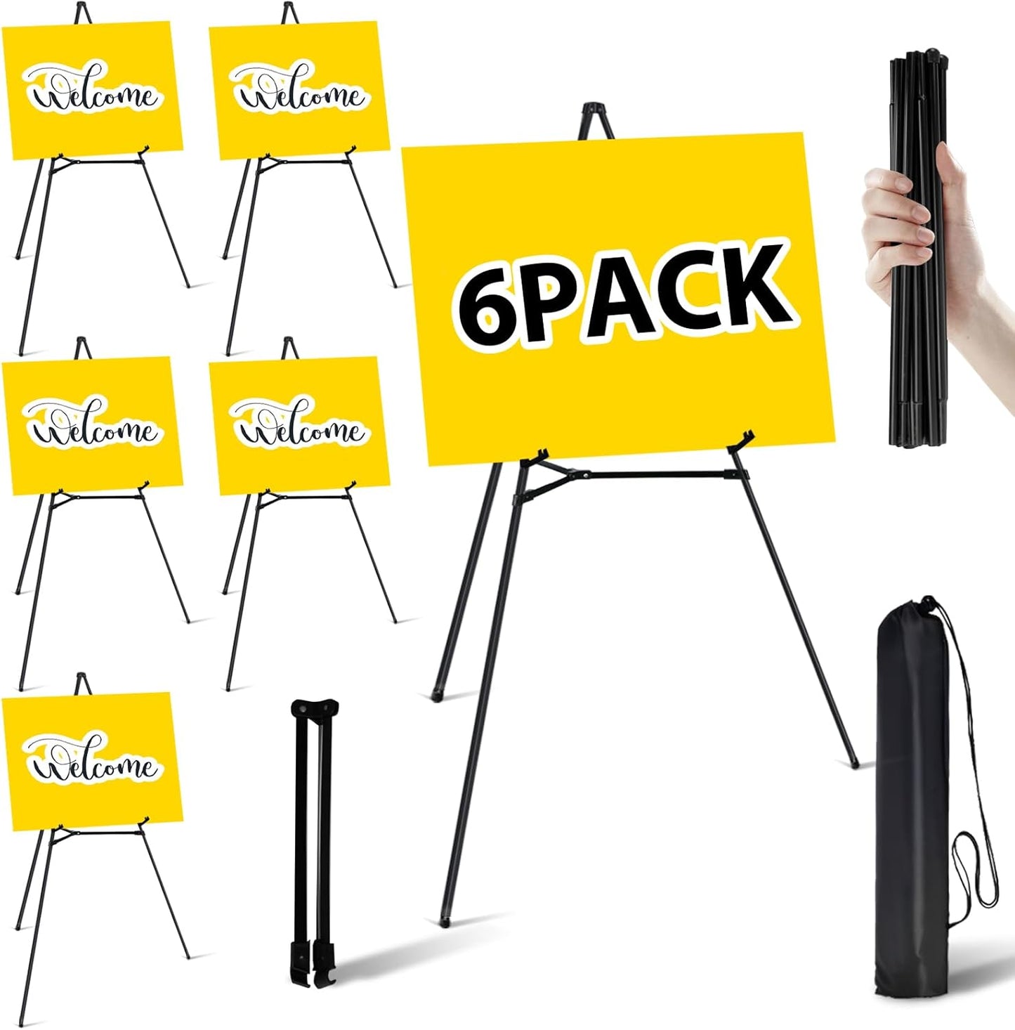 6 Pack Easel Stand for Sign - 63 Inches Display Easel for Wedding Sign & Poster - Lightweight Portable Floor Easel for Picture - Adjustable Poster Easel with Carrying Case, Black