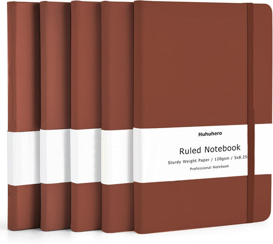 Huhuhero Notebooks Journal, Ruled Notebook, Premium Thick Paper Lined Journal, Black Hardcover Notebook for Office Home School Business Writing Note Taking Journaling, 5"×8.25" (5, Brown)
