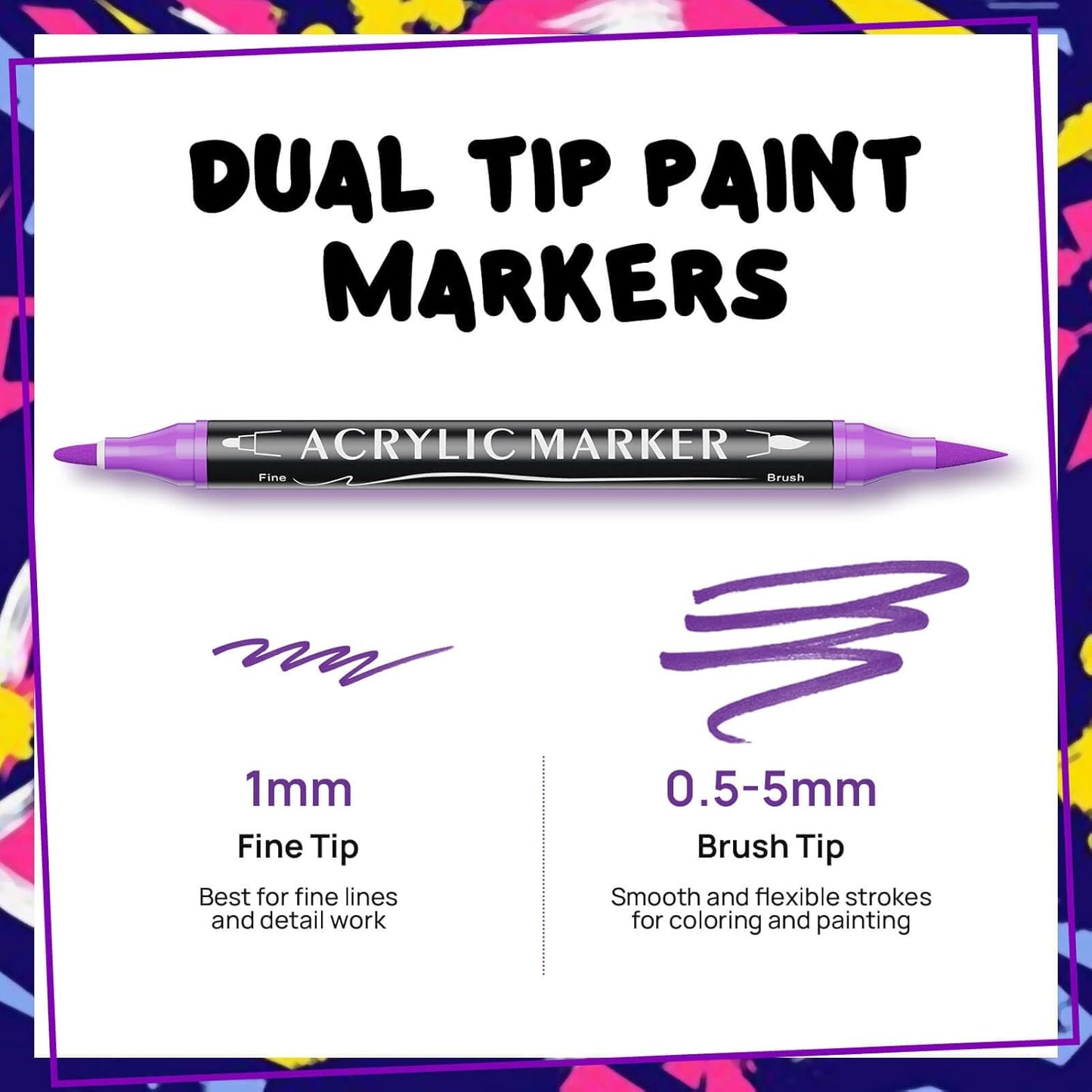 48 Colors Dual Tip Acrylic Paint Markers,Fine Tip and Brush Tip Permanent Acrylic Paint Pens For Rock Painting, Canvas, Wood, Glass, Ceramic, Fabric, Plastic, Egg, Scrapbook,Art Painting Supplies Kit