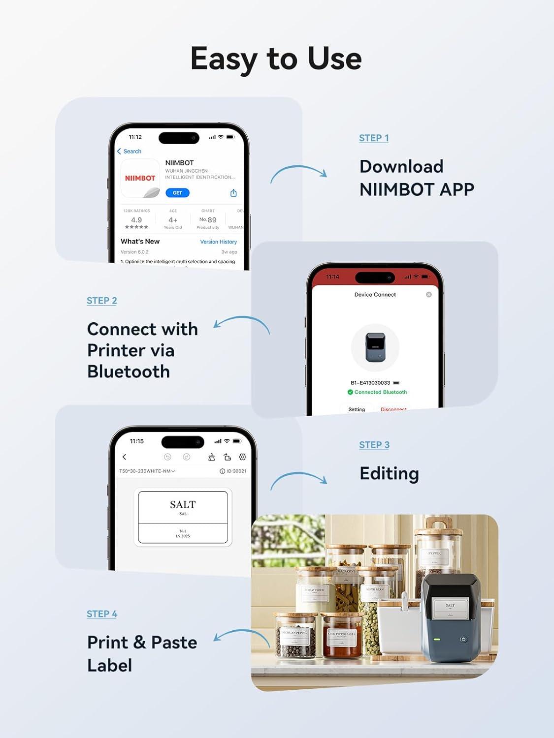 NIIMBOT B1 Label Maker Machine with Tape, 2 Inch Portable Label Printer, Bluetooth Thermal Label Printer with Multiple Templates for Small Business,Office,Home,School (Blue, 1 Printer+1 Roll Label)