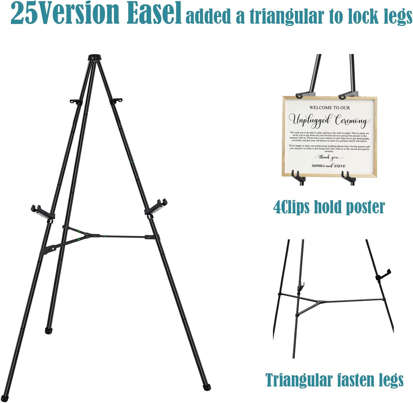 63" Tall Display Easel Stand for Wedding Sign Poster, Foldable and Adjustable Floor Metal Easels for Display Painting Arts,with Portable Bag,Holds 5 LBS (Black,6Pack)
