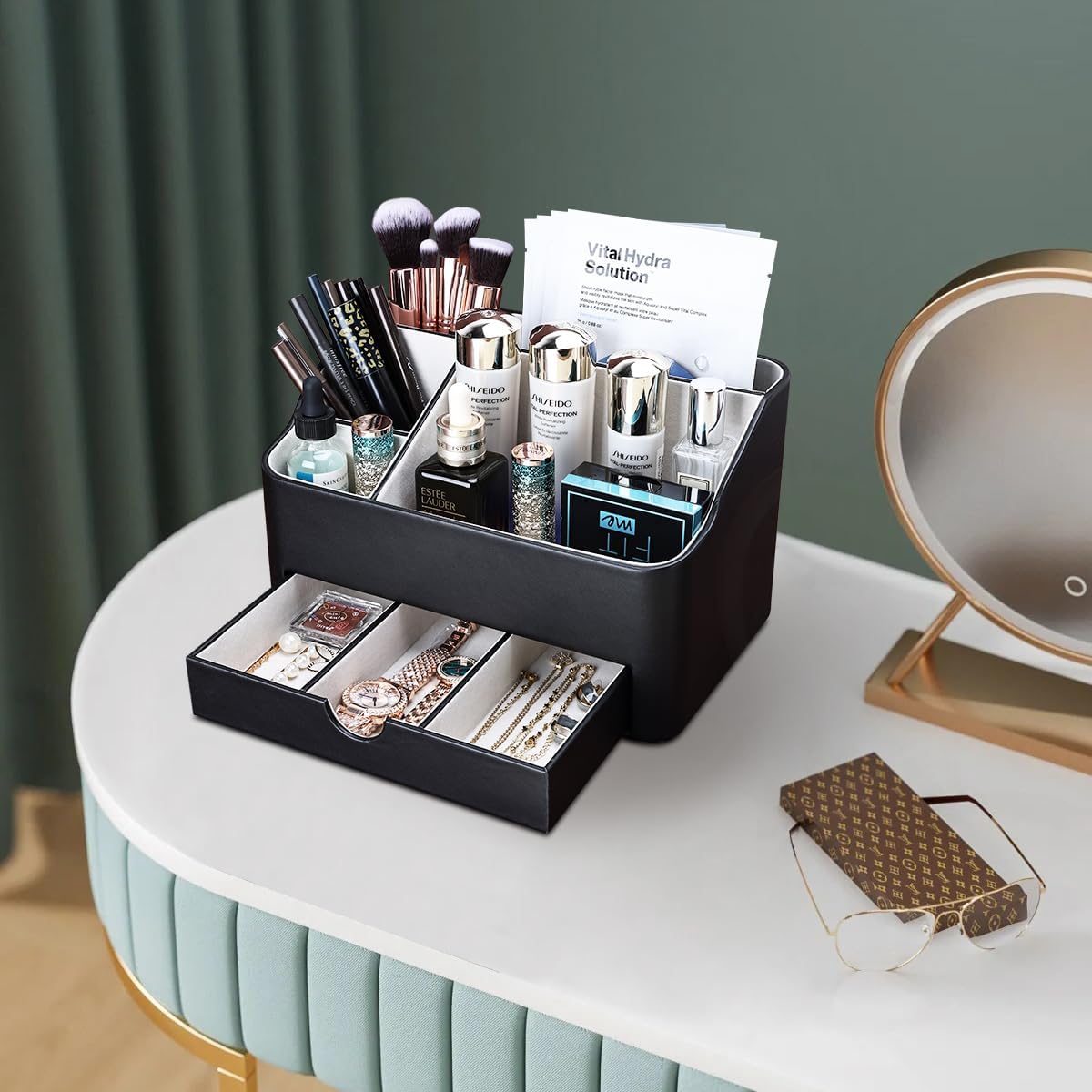 KINGFOM Desk Organizer with Drawer, Multifunction Pencil Holder for Desk, Desk Organizer and Accessories 5 Comparetments for Home Office Supplies (Black)