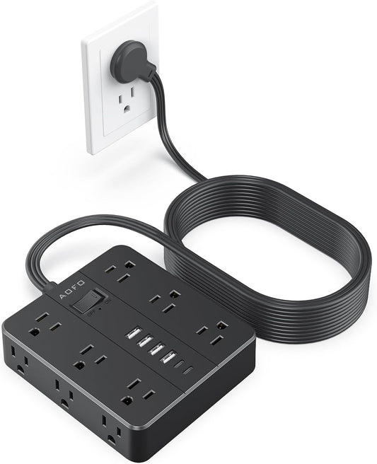 25FT Surge Protector Power Strip,12 AC Outlets with 6 USB Ports (2 USB-C), Flat Plug Extension Cord with Multiple Outlets, Wall Mount for Home Office,Dorm, Black