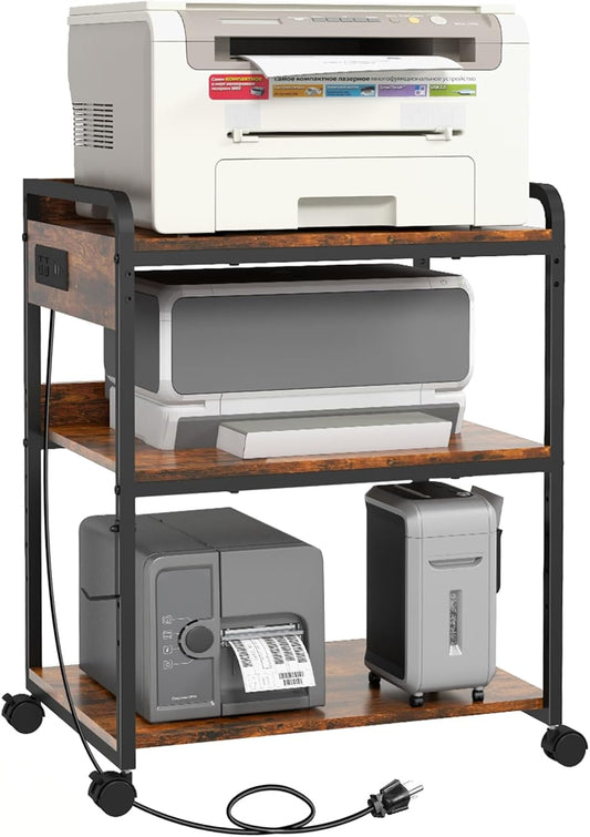 3 Tier Large Printer Stand with Wheels, 25.2 x 18.9 Inch Printer Stand with Power Outlet USB Port, Printer Table with Adjustable Storage Shelf for Home Office, Rustic Brown