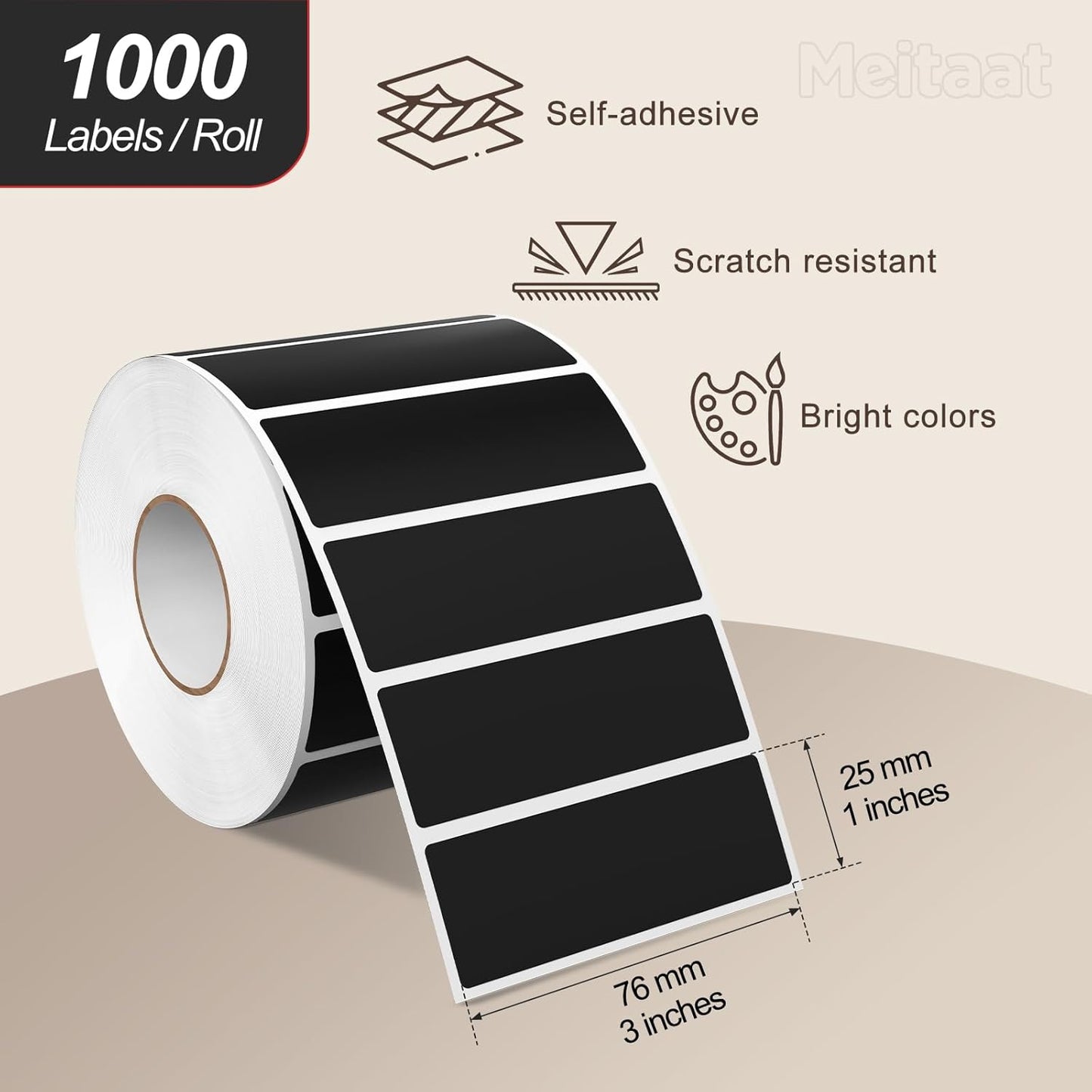 Black Rectangle Color Coding Labels 3 × 1 Inches, Self-Adhesive Writable Waterproof Vinyl Blank Sticker Roll for Office Home School Business 1000 PCS