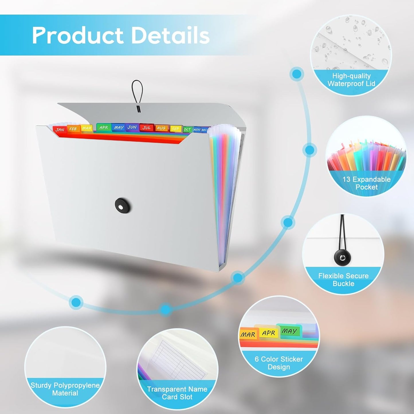 Accordion File Organizer, Expanding File Folder for Sorting Documents and Papers, 13 Pockets Receipt Organizer for Home, Travel and Office Use (White)