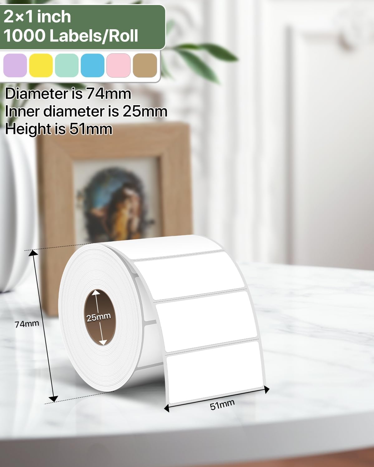 2×1 Inch Thermal Labels Sticker Self-Adhesive Label Paper White Direct Thermal Printer Stickers with Perforation Line 1000 Sheets/Roll